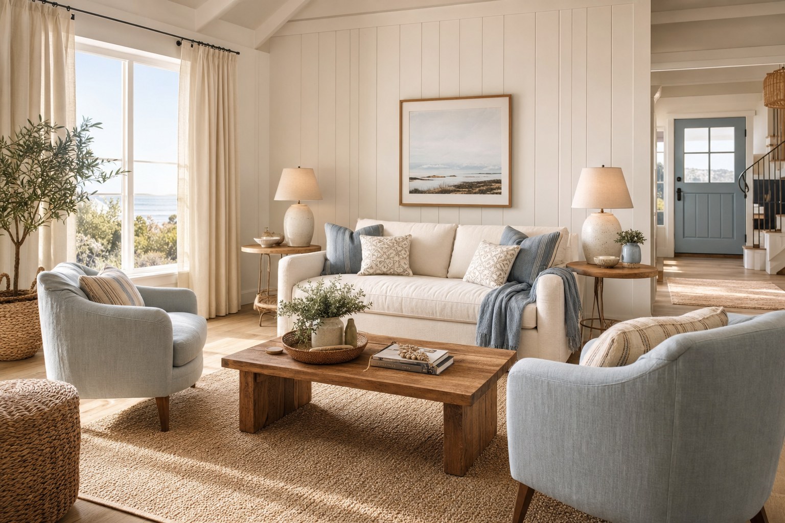 Furnished vacation rental living room with comfortable seating, warm lighting, and layered textures