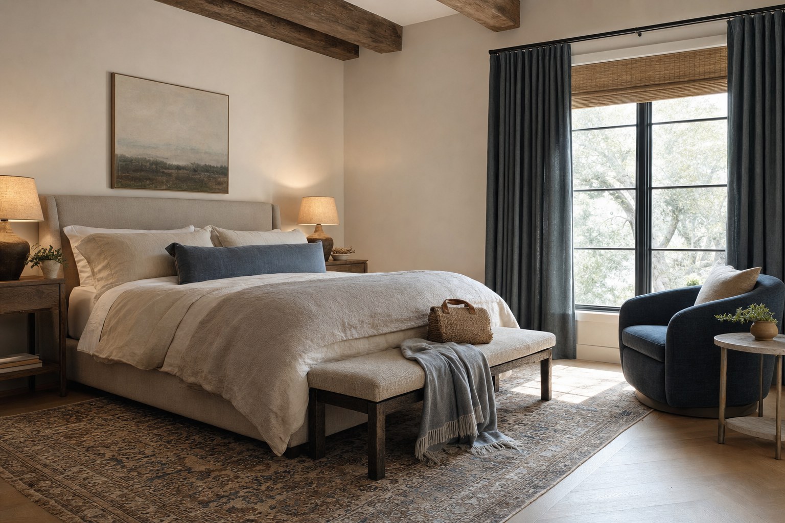 Vacation rental guest bedroom with layered bedding, bedside lamps, and a luggage bench