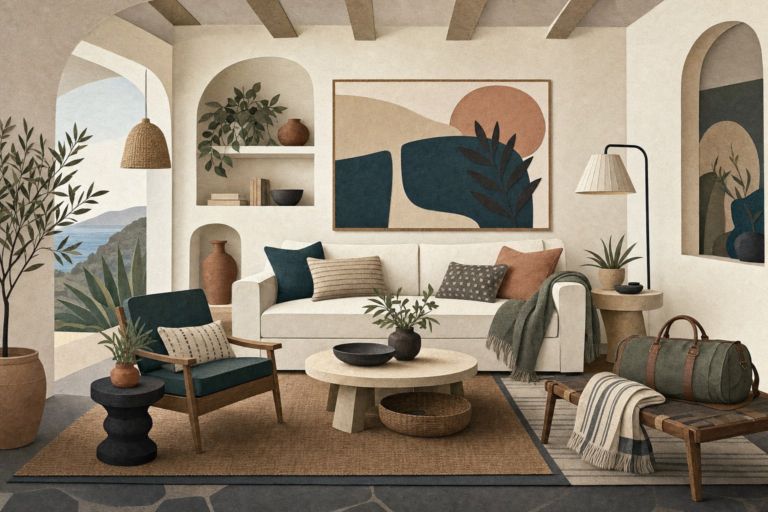 Illustrated vacation-rental living room with layered seating and guest-ready details