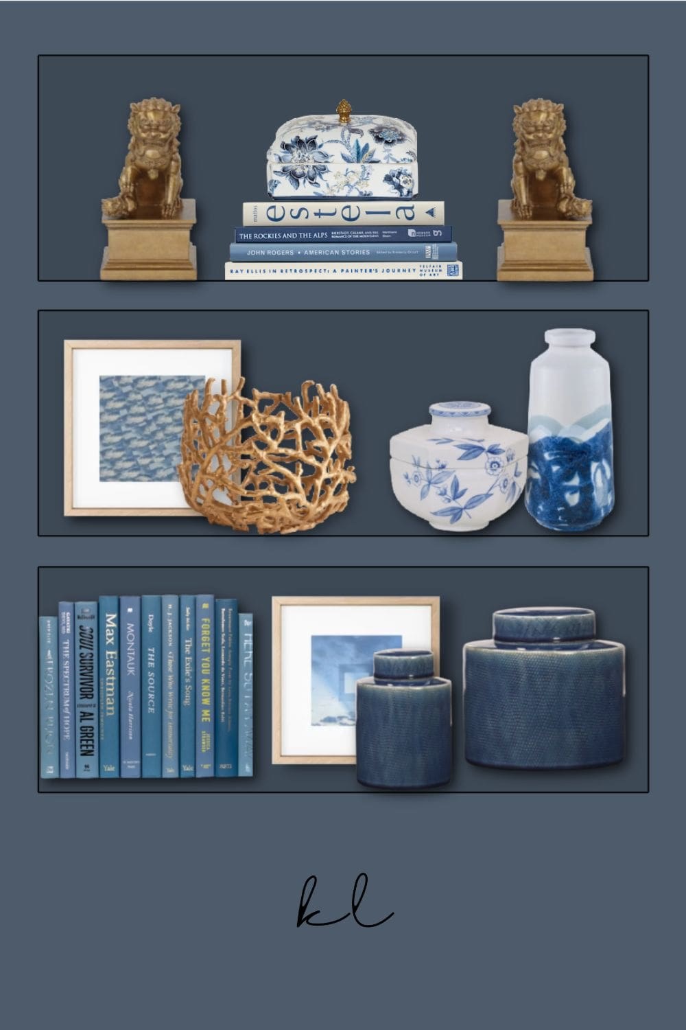 Blue and gold bookshelf décor collection