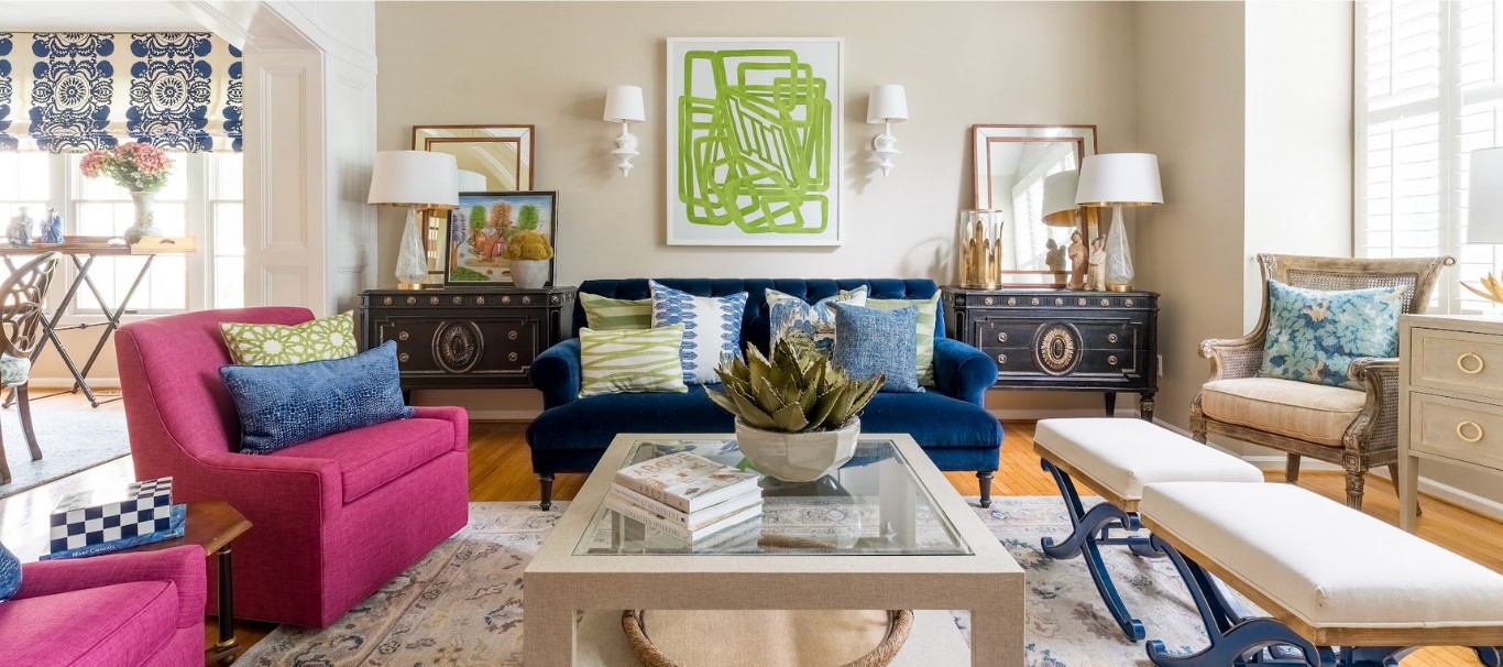 Colorful living room by Kerry Leikus Designs