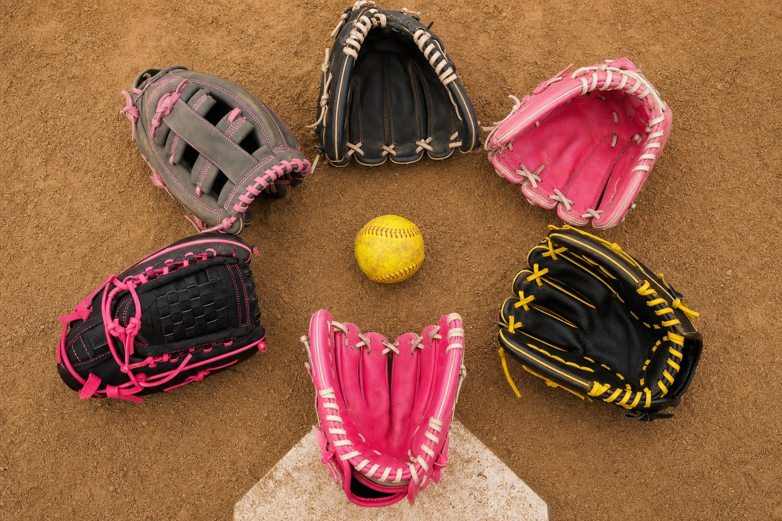 Softball gloves arranged around a yellow softball on infield dirt