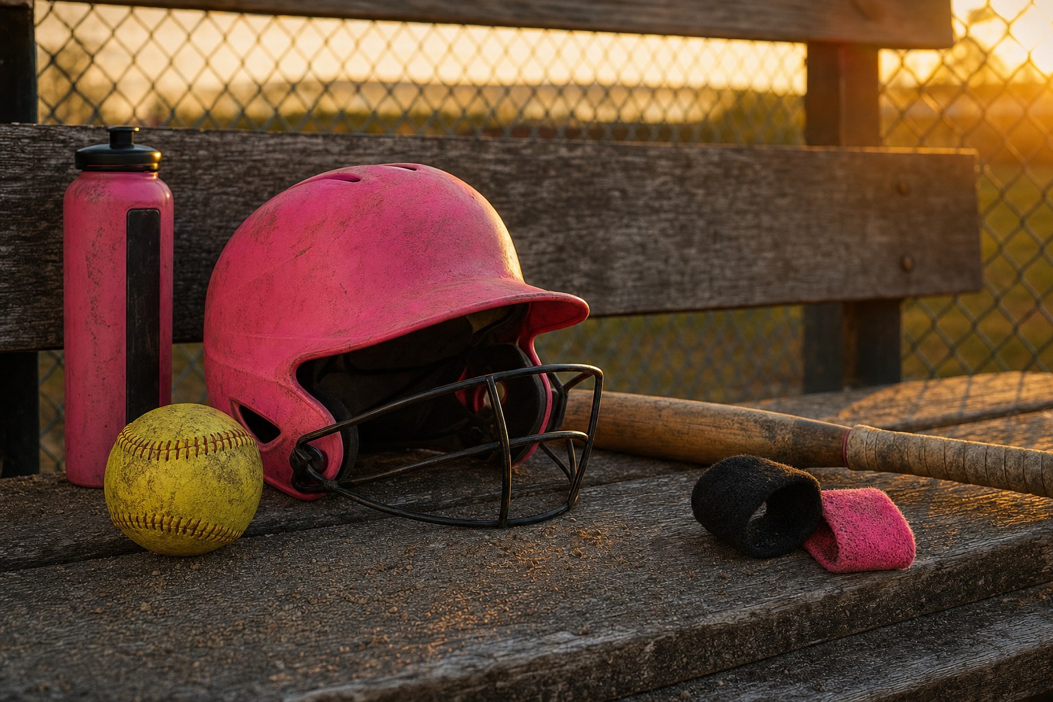 Pink softball helmet, bat, and softball on a dugout bench