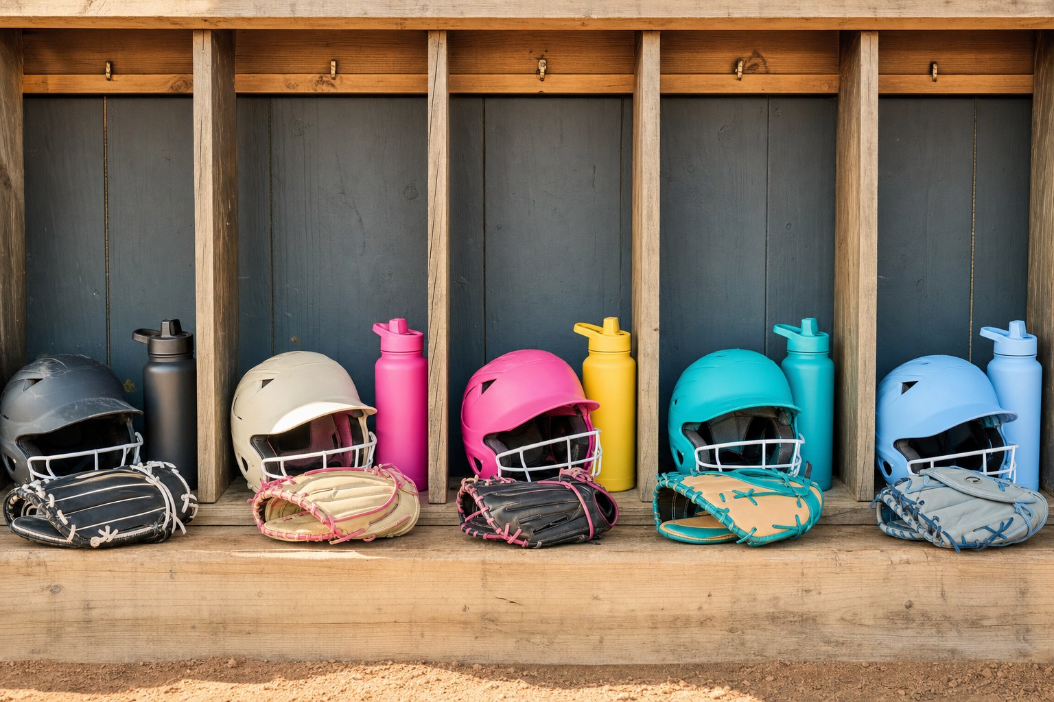 Softball gear lined up in an open dugout