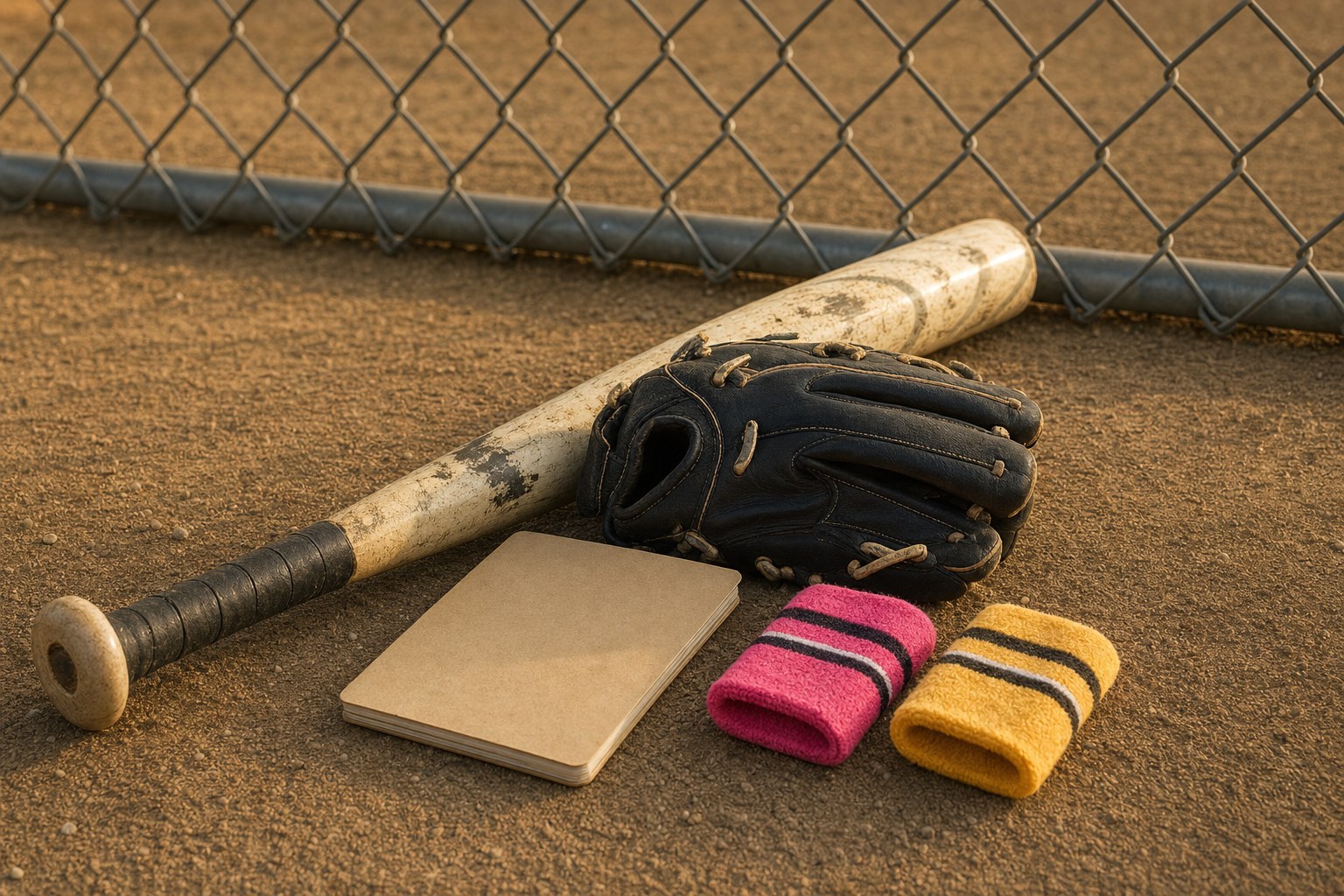 Softball bat, glove, wristbands, and blank notebook on dirt beside a fence
