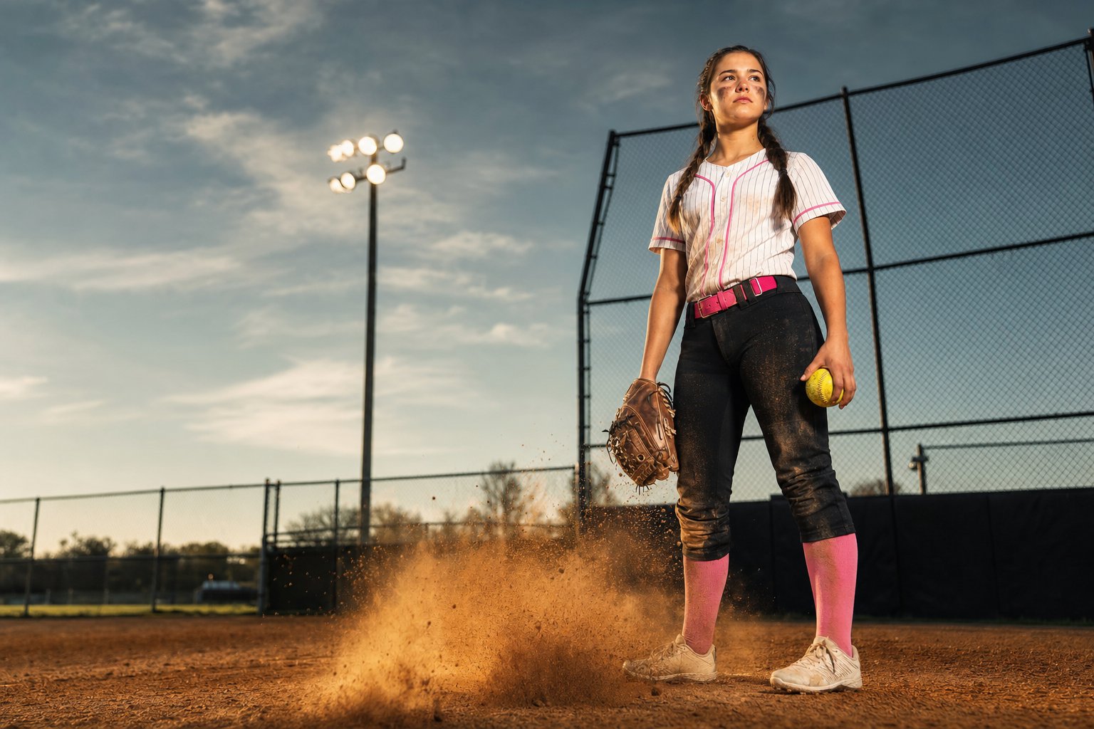 Softball player standing confidently on a dusty field