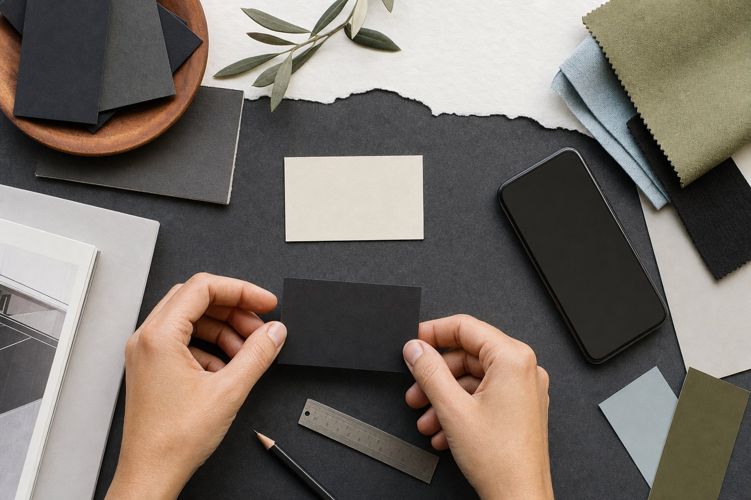 Hands arranging blank business cards, paper swatches and print tools on a studio table