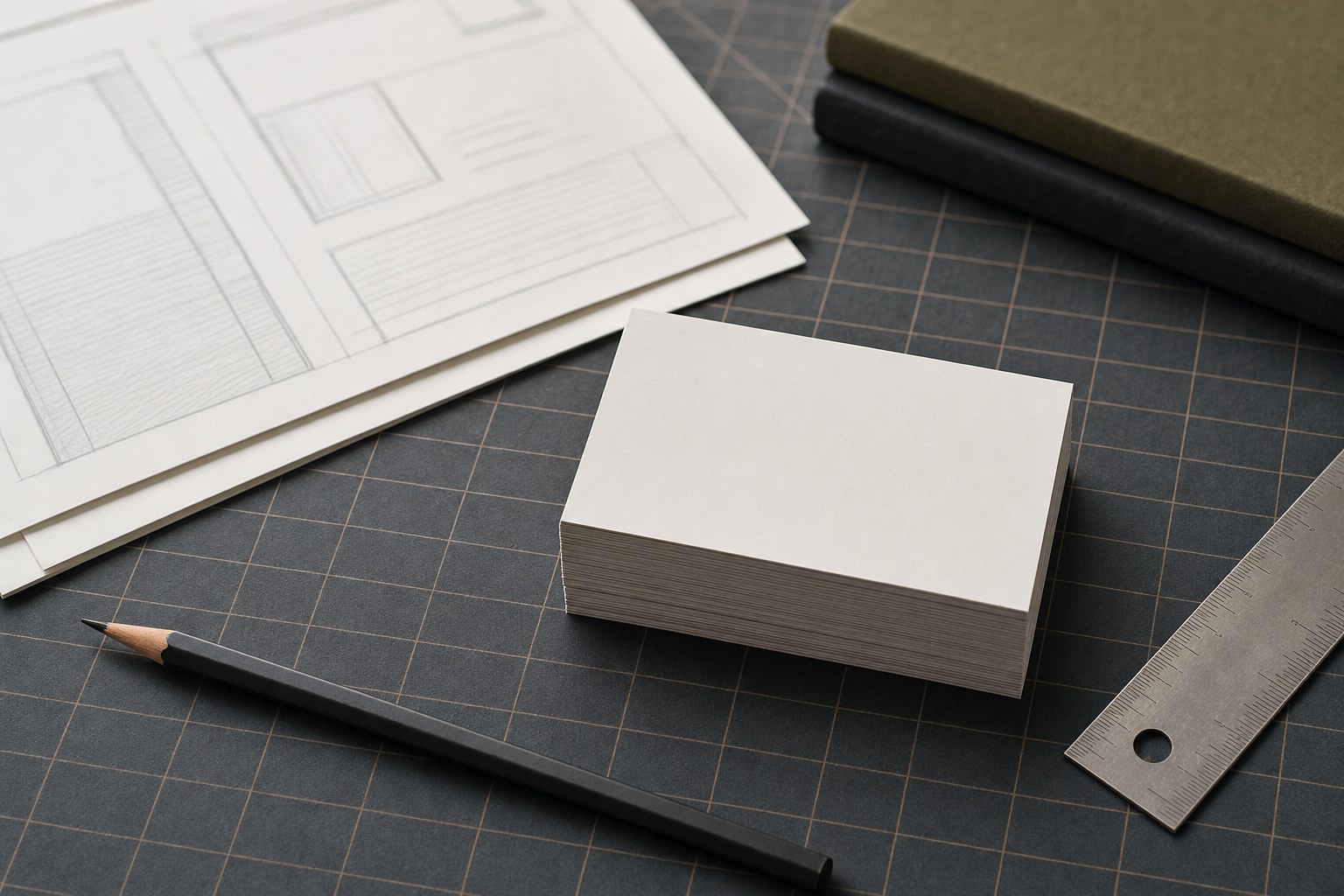 Blank business card stack with layout sketches, a pencil and a ruler