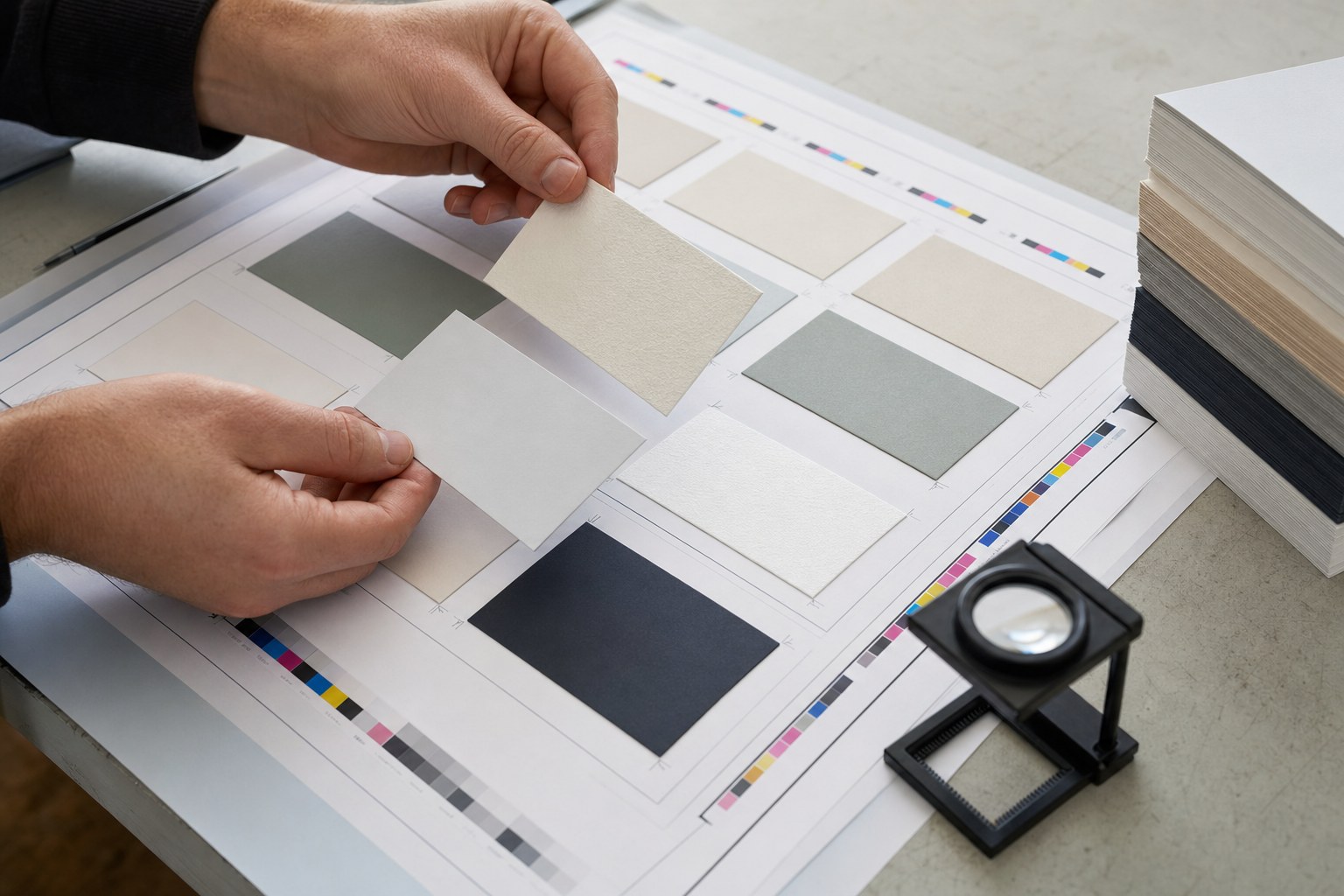 Hands comparing business card paper stocks over a print proof