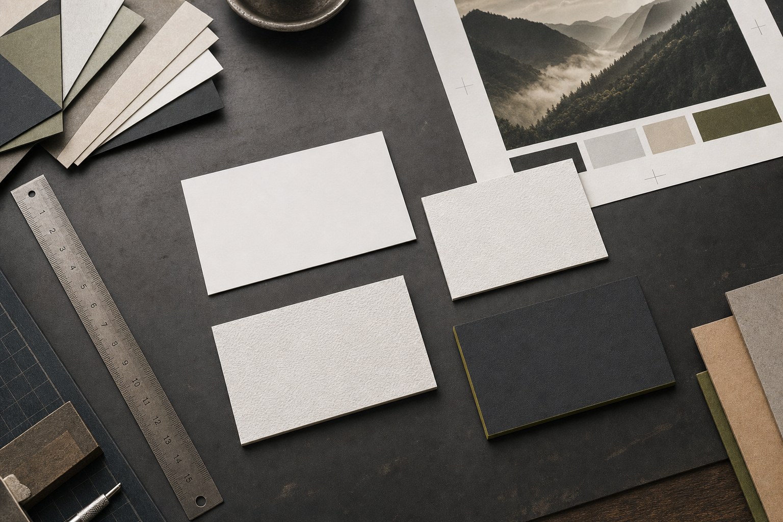 Business card paper samples, blank cards and print tools arranged on a dark studio table