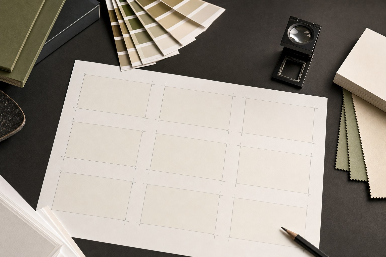 Business card proof sheet, paper samples and a print loupe on a studio table
