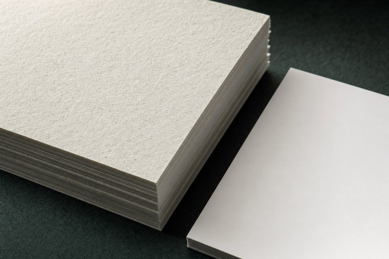 Close view of textured and smooth blank business card paper stacks
