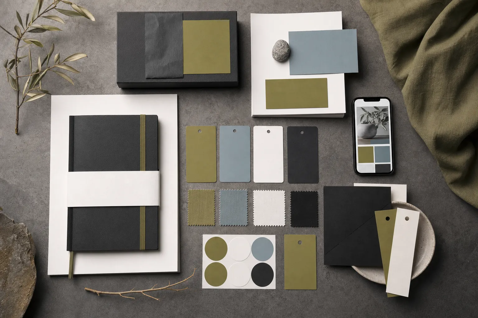 A small business brand kit with printed marketing pieces