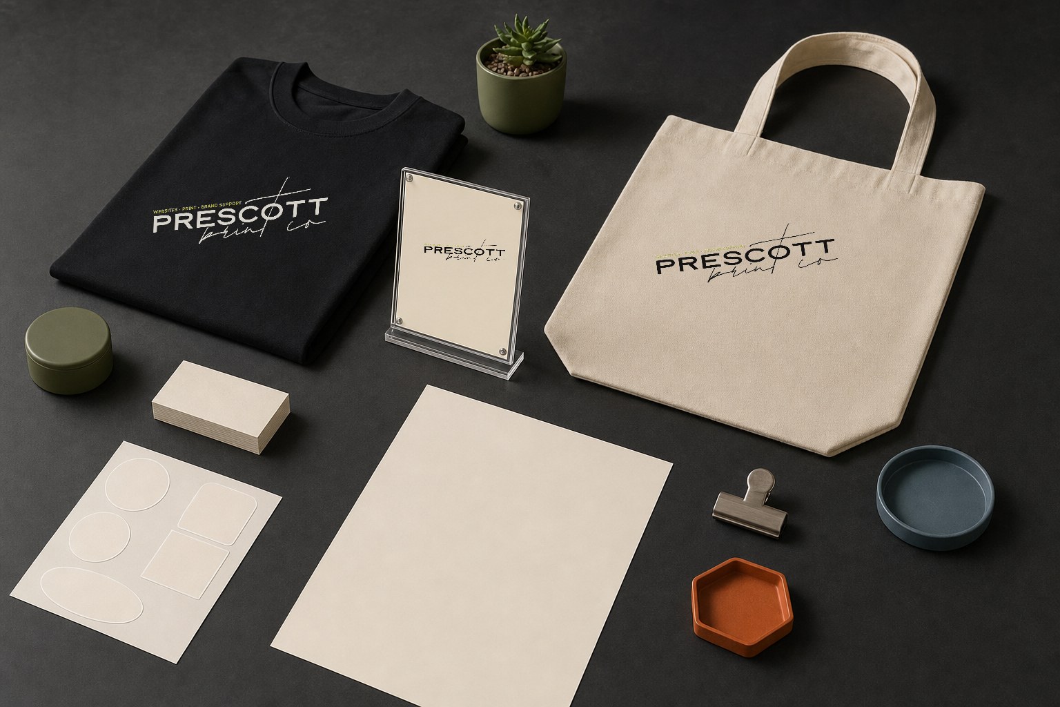 Branded printed materials and apparel prepared as part of a coordinated business project