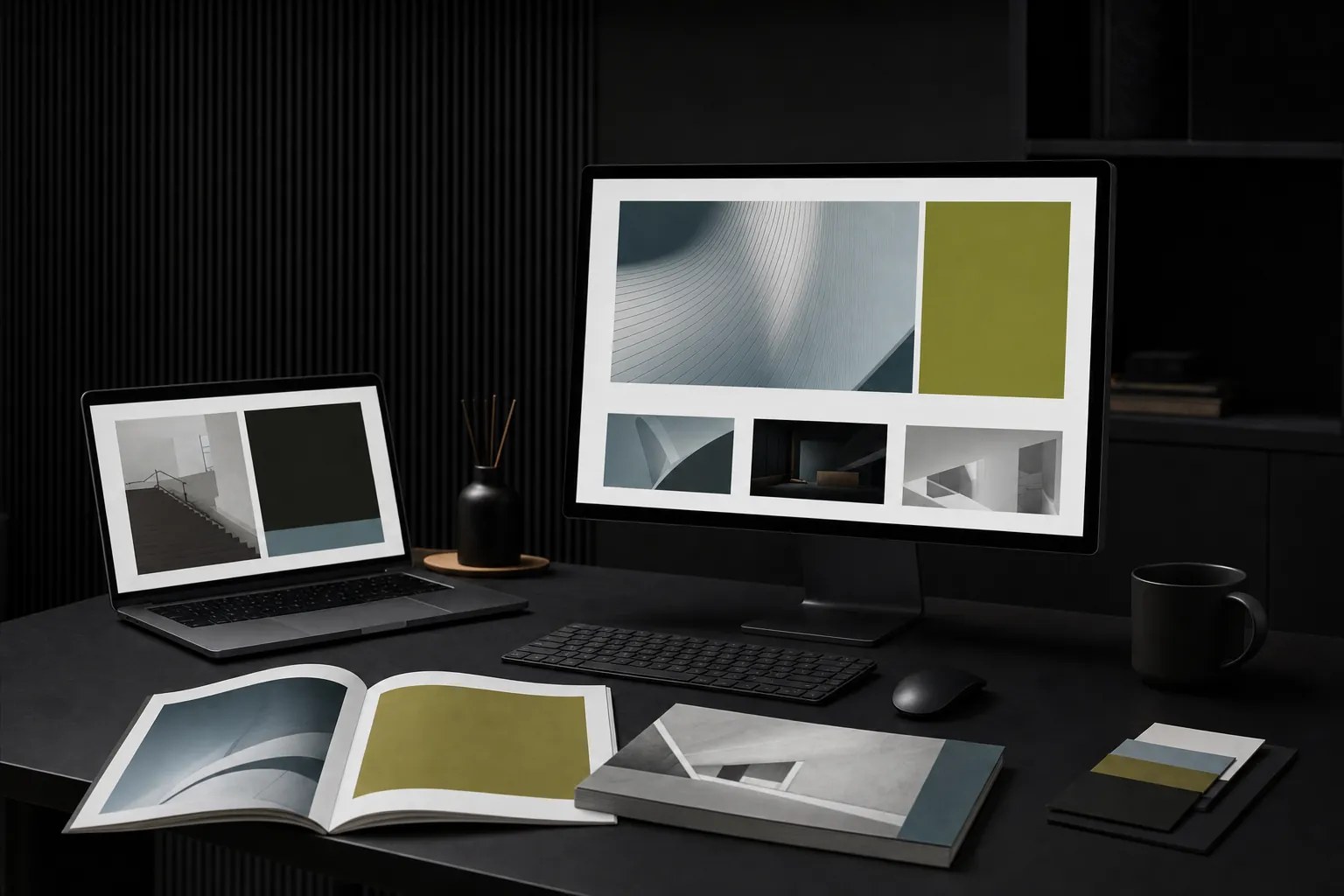 Website layouts and coordinated printed business materials on a desk