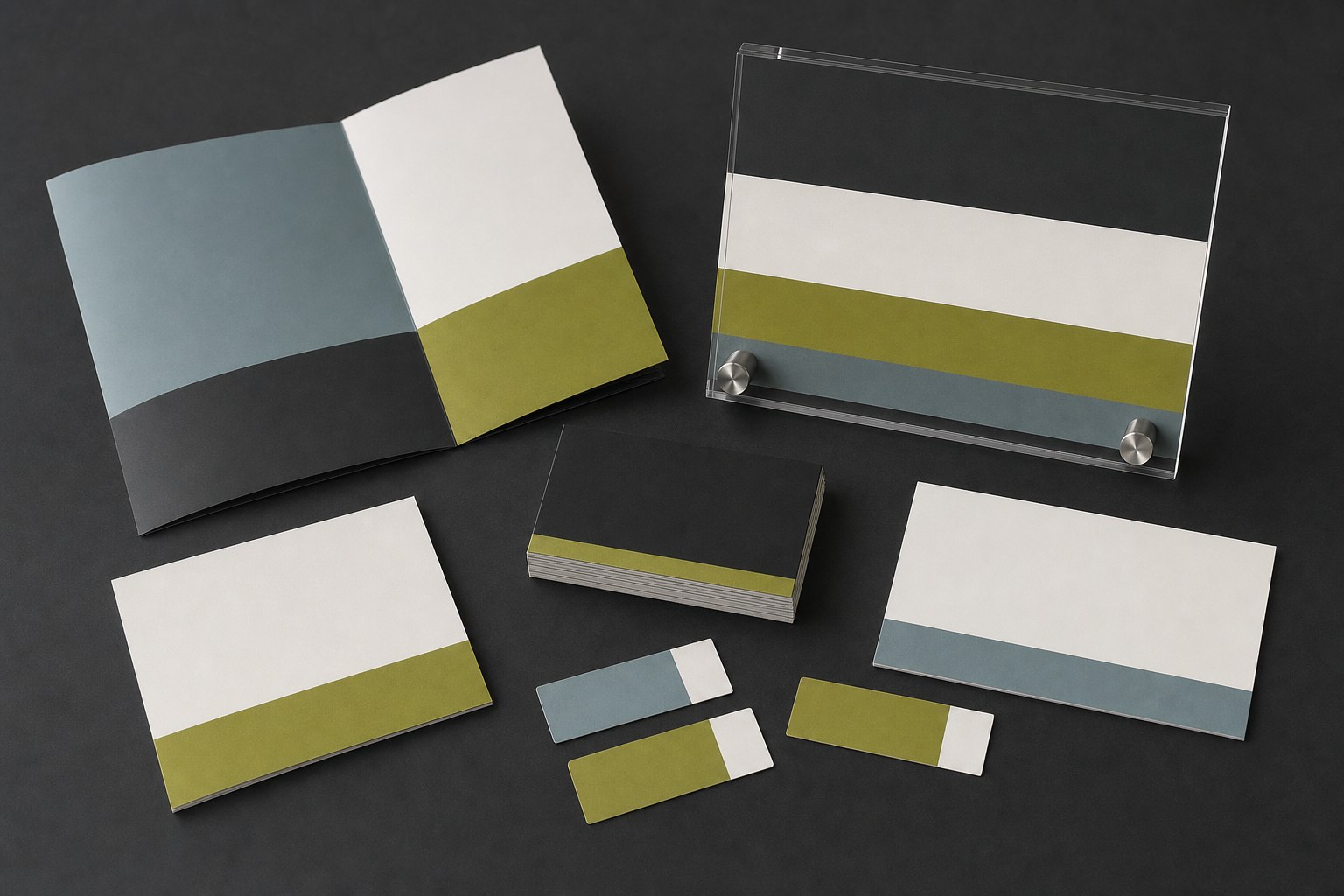 Business cards and brochure beside a clear acrylic sign with metal standoffs