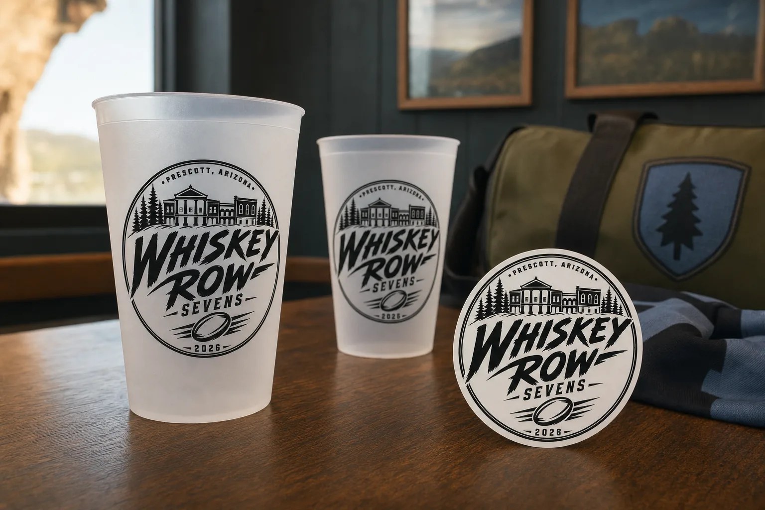 Whiskey Row Sevens frosted stadium cups and stickers printed with team artwork