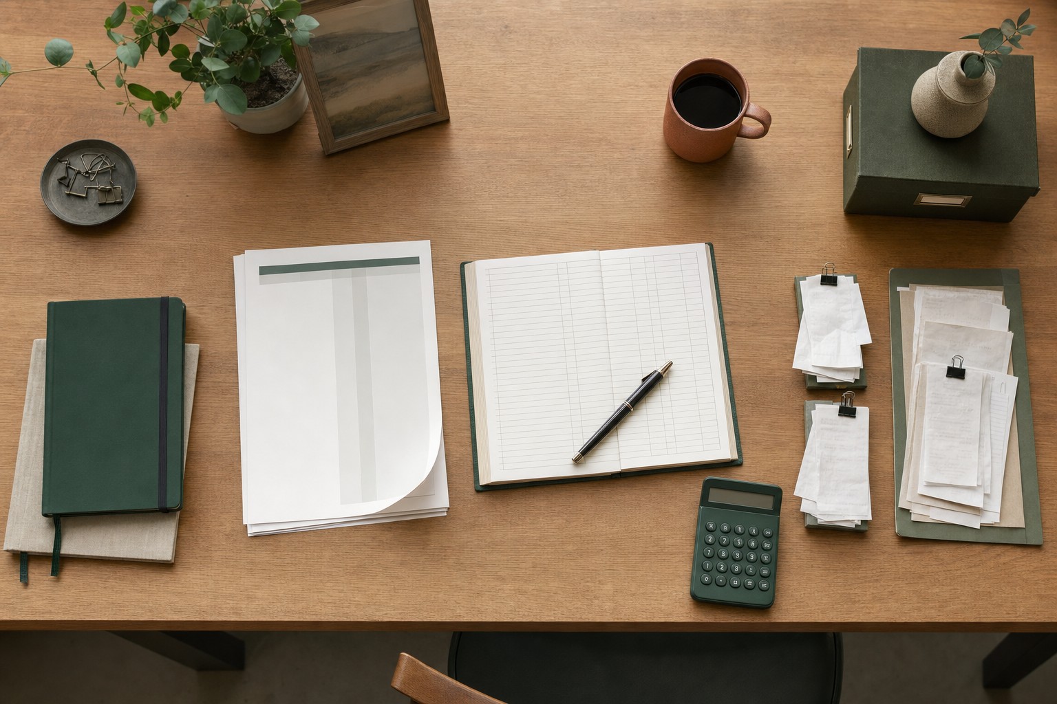 Bookkeeping desk prepared for a monthly bank reconciliation