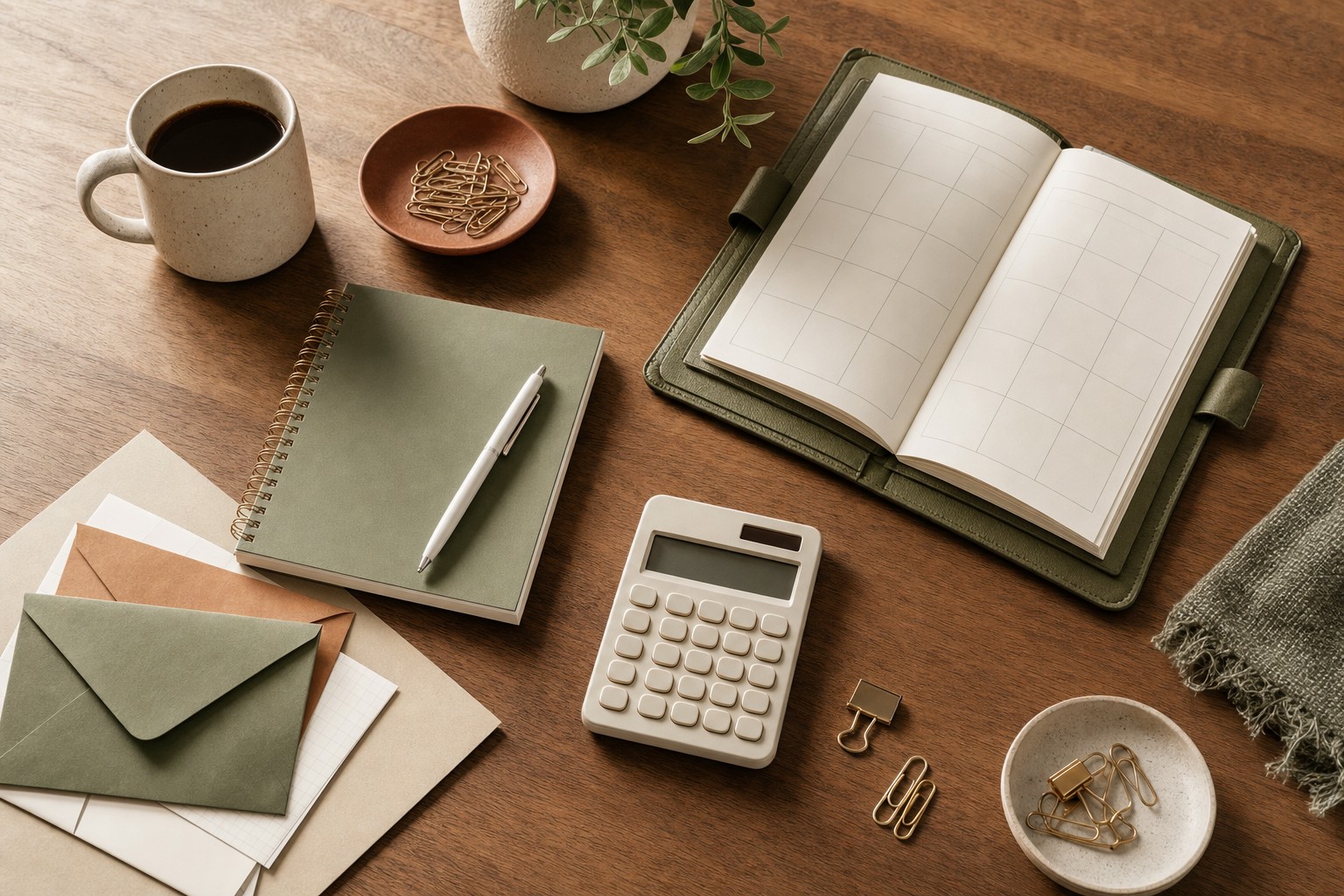 Organized small business bookkeeping desk with a planner, notebook, and calculator