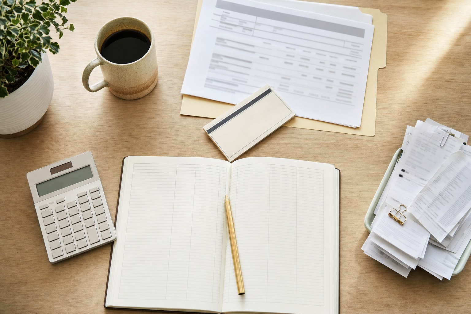 Organized bookkeeping workspace with a ledger, calculator, receipts, and coffee
