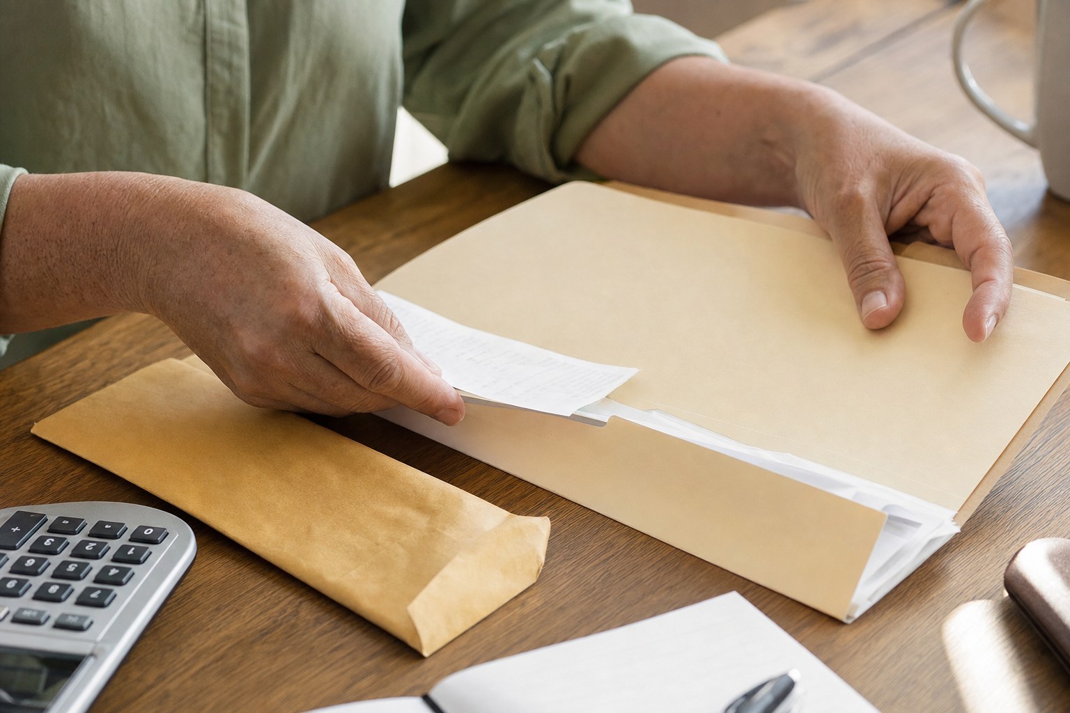 Small business owner filing a receipt into an organized folder