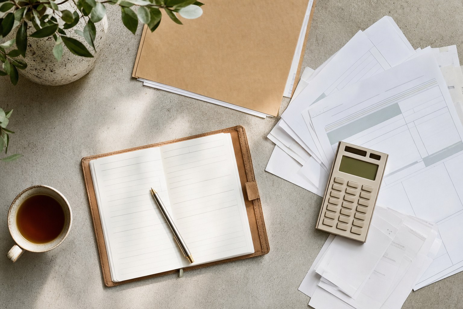 Planner, folders, calculator, and documents prepared for a bookkeeping review