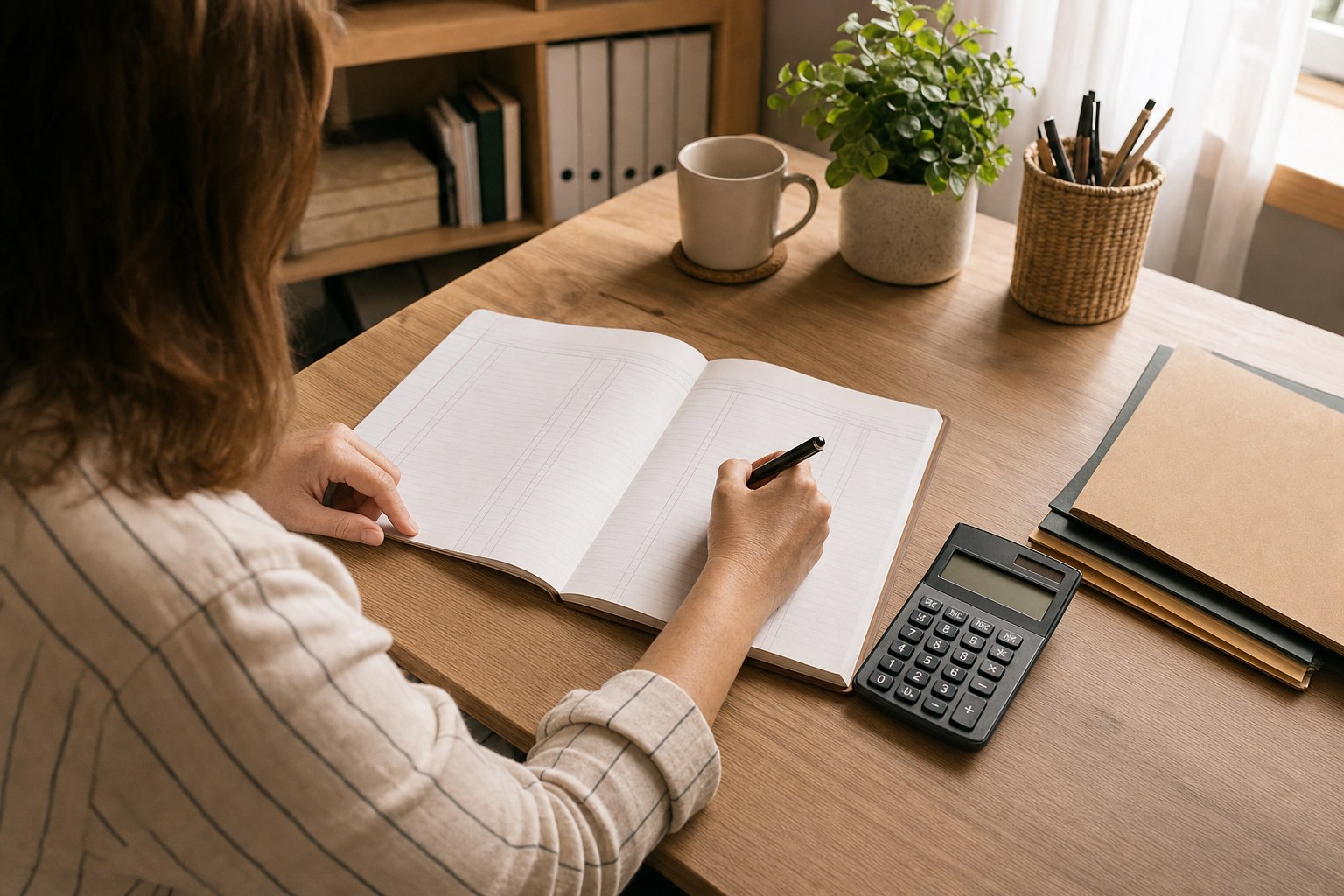 Small business owner maintaining a bookkeeping routine with a ledger and calculator