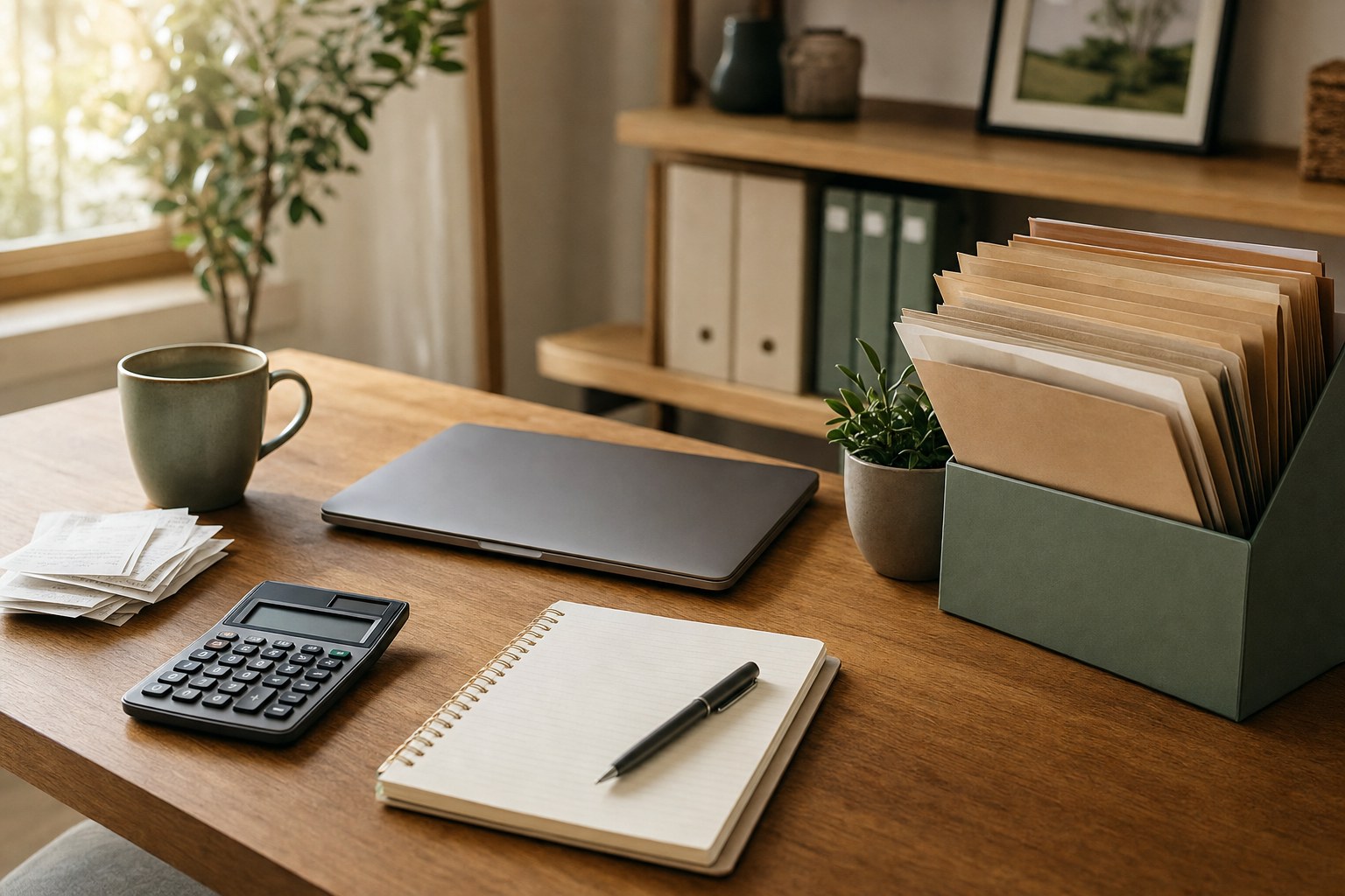 Small business owner reviewing organized financial records at a desk