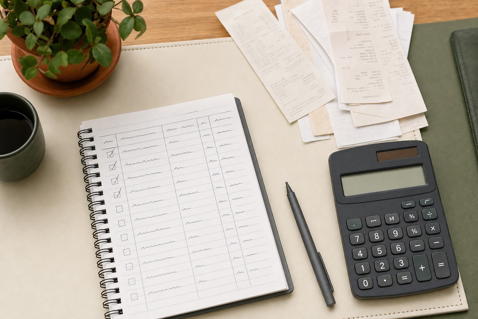 Transaction checklist, receipts, and calculator arranged for review