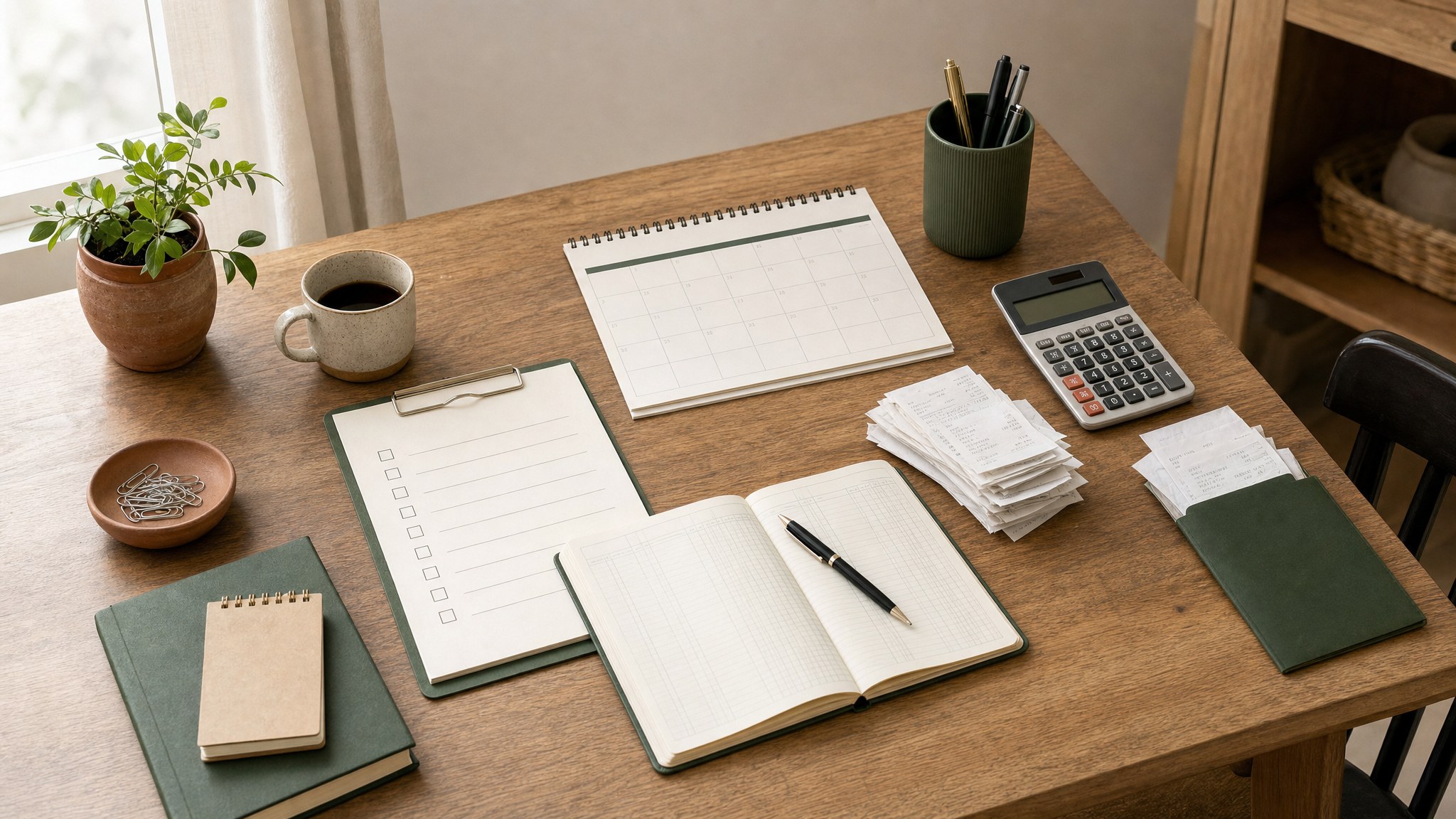 Monthly bookkeeping desk with a calendar, checklist, receipts, ledger, and calculator