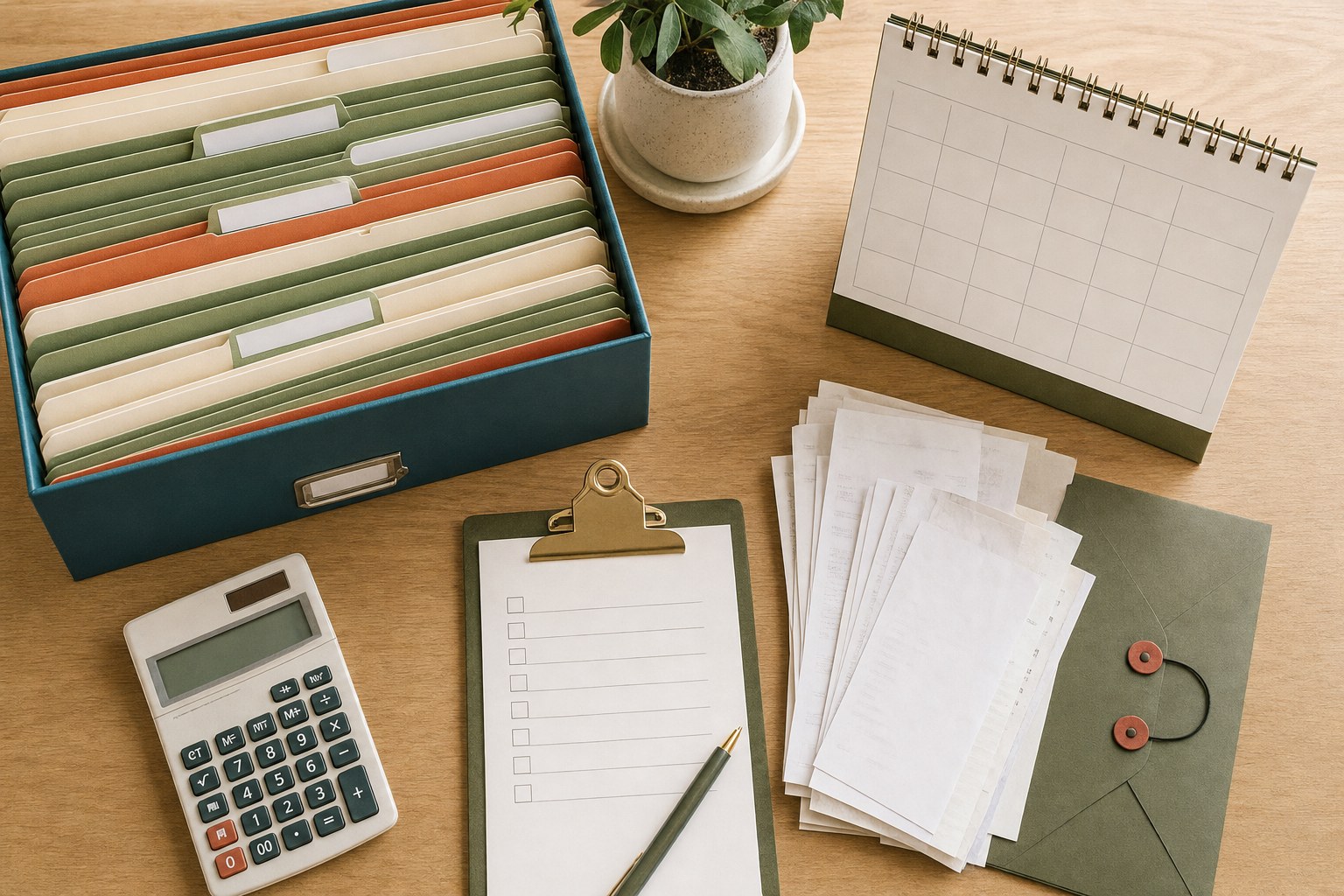 Organized month-end filing system with folders, calendar, receipts, and checklist