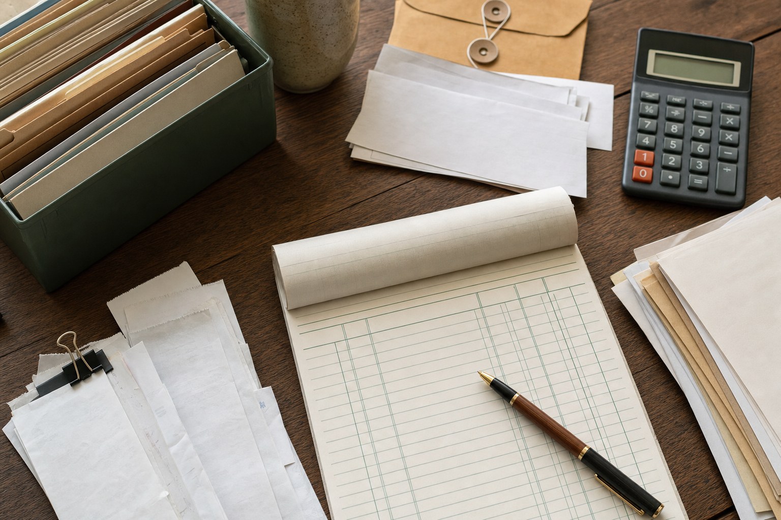 Receipts, filing folders, calculator, and paper register prepared for review
