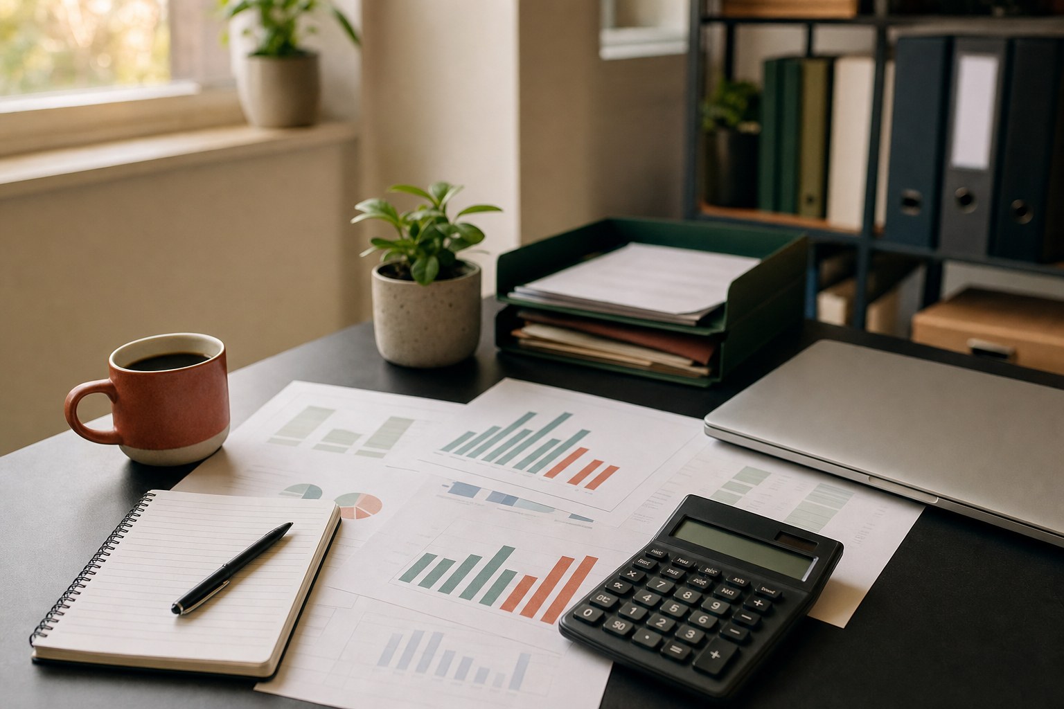 Monthly financial reports, calculator, notebook, and closed laptop on a desk