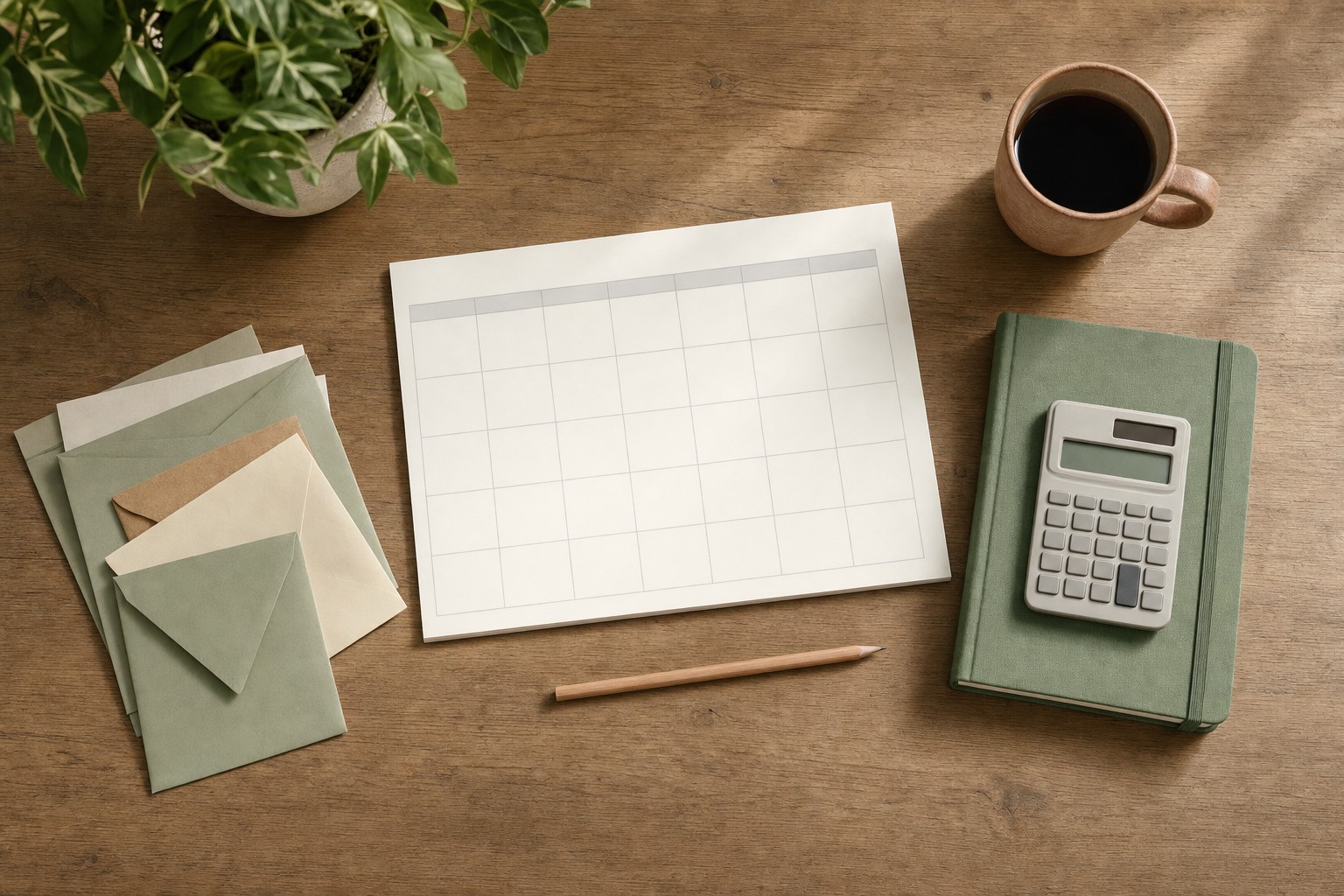Blank monthly planner, calculator, and organized envelopes on a work desk