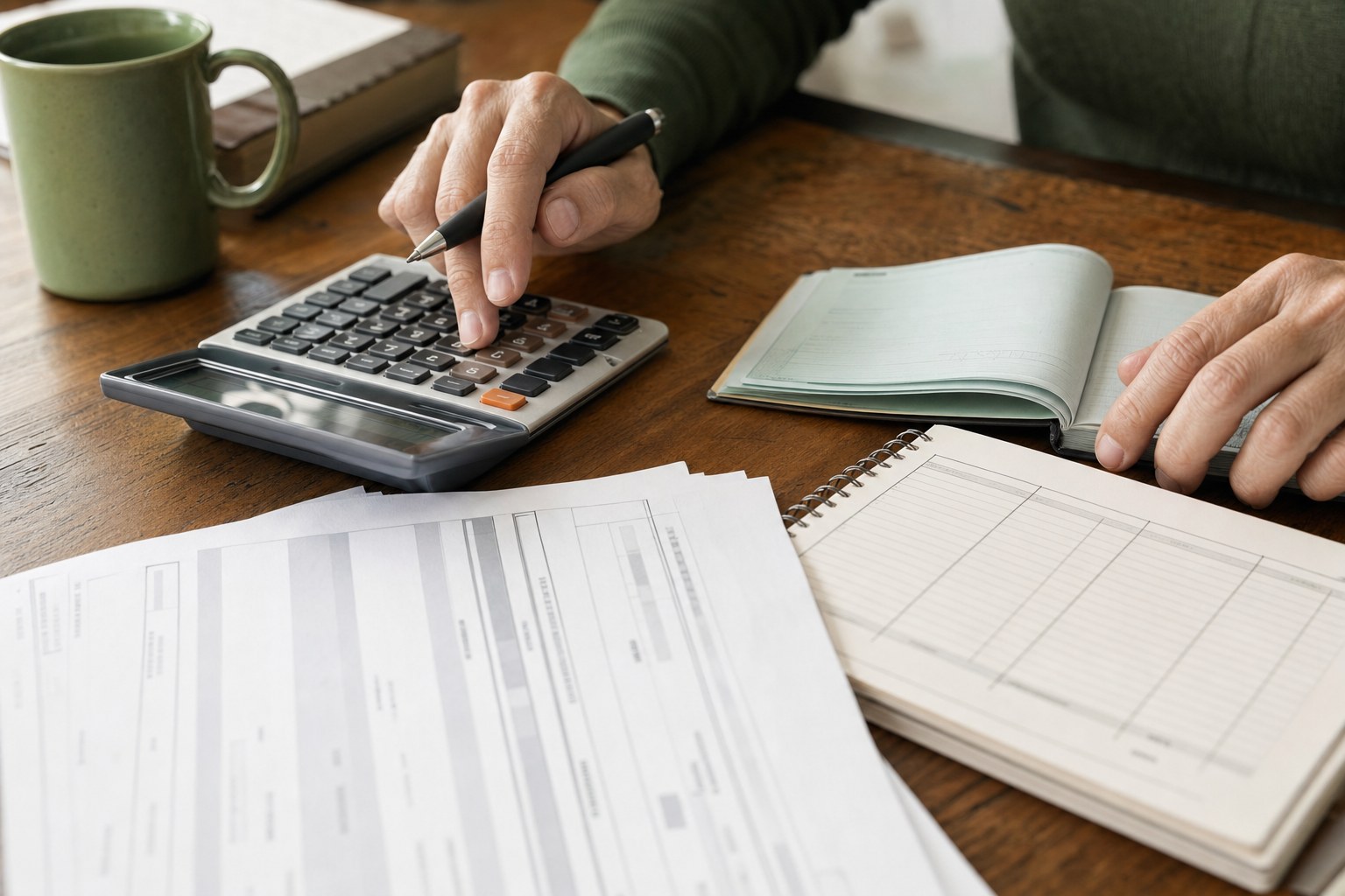 Calculator, ledger, and bank statement arranged for a bank reconciliation