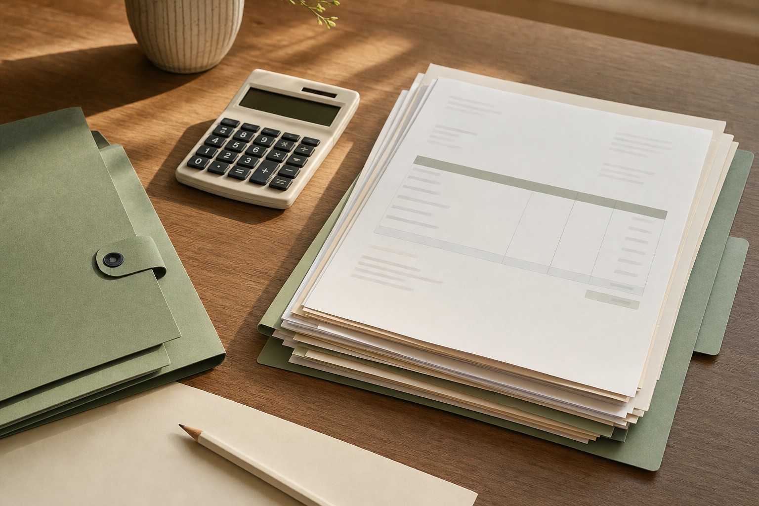 Organized financial documents and calculator ready for monthly review