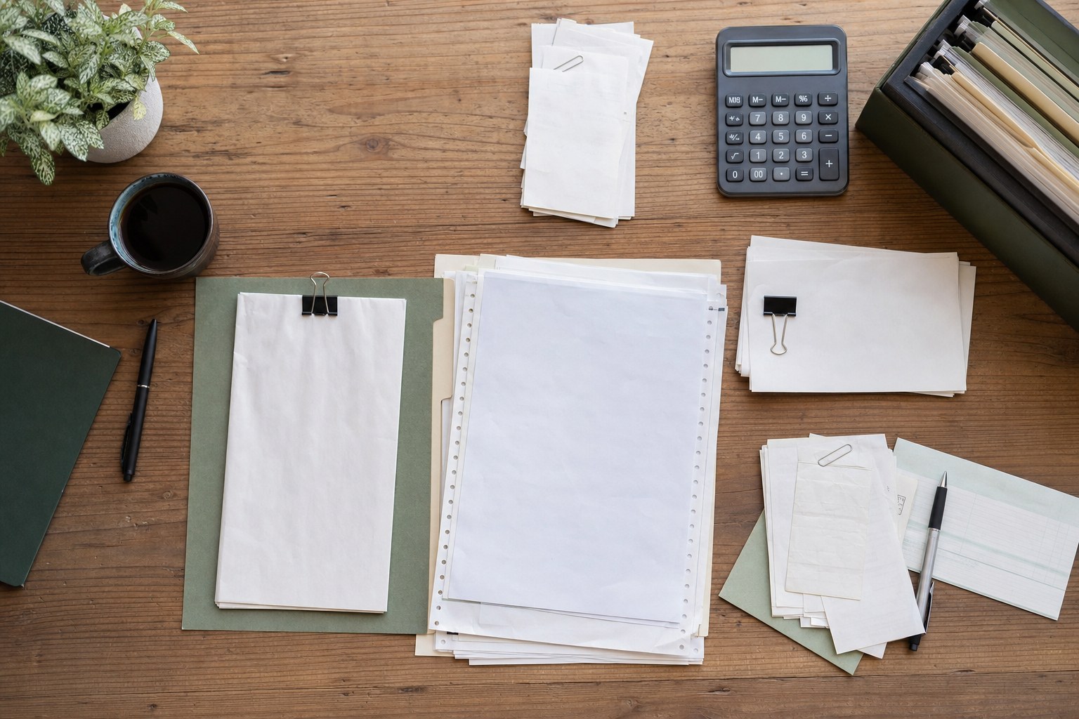 Organized receipts, calculator, and financial records arranged for bookkeeping
