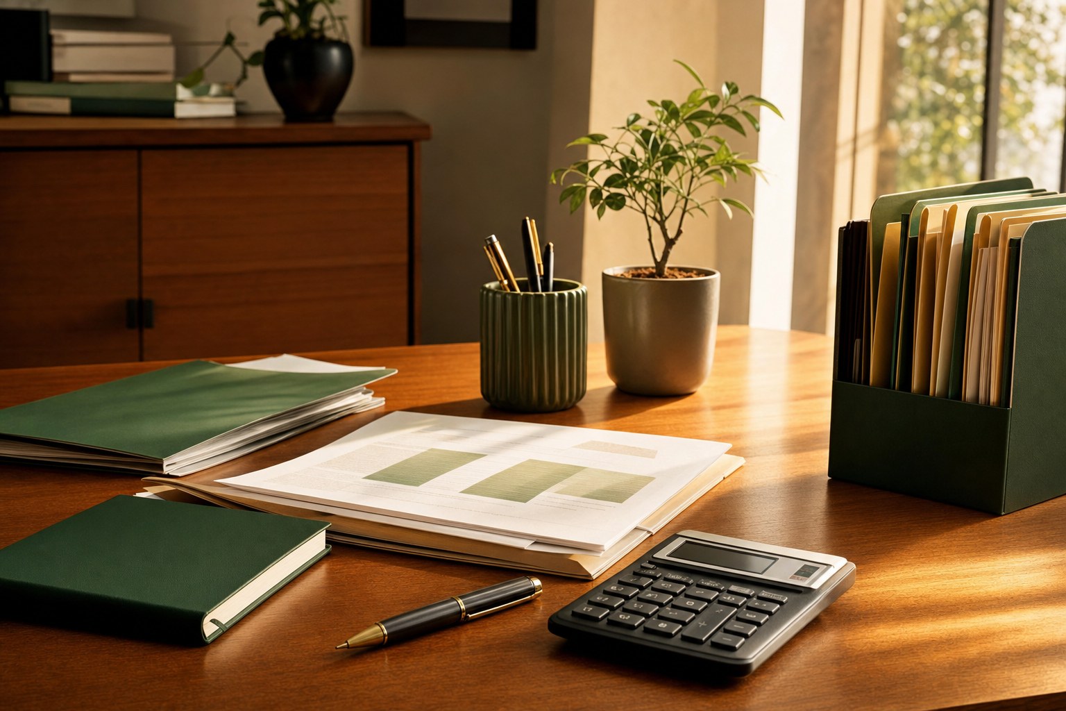Small business owner reviewing financial reports with a calculator and notebook