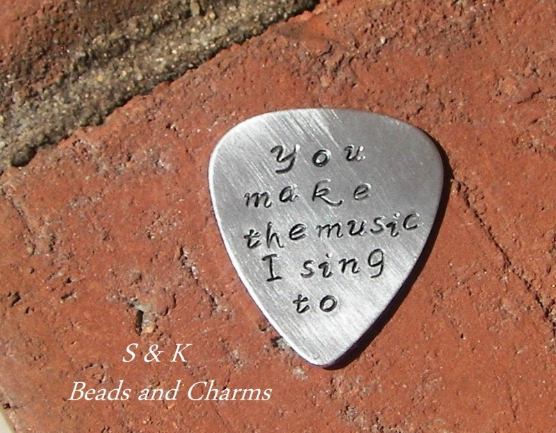 personalized personalized quitar pick, custom hand stamped jewelry, boyfriend gift, gift for musician handstamped jewelry