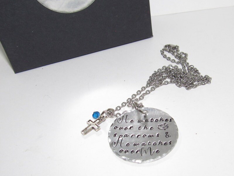 He watches over the sparrows, hand stamped jewelry, custom stamped, mommy jewelry, personalized, personalized jewelry, inspirational charm