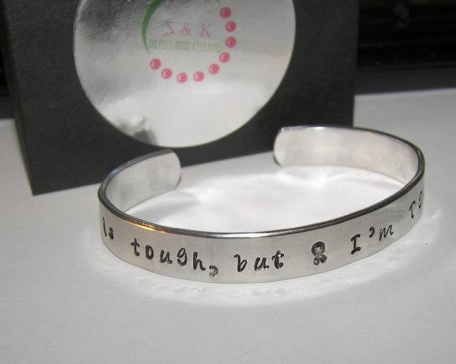 personalized Cancer is tough but I am Tougher cuff bracelet, Personalized hand tamped jewelry, cancer awareness jewelry