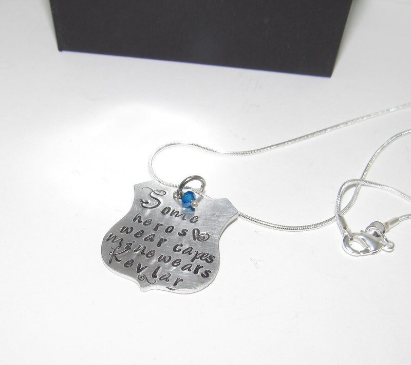 personalized My hero wears Kevlar officer wife necklace , blue lives matter jewelry ,custom personalize hand stamped fashion jewelry