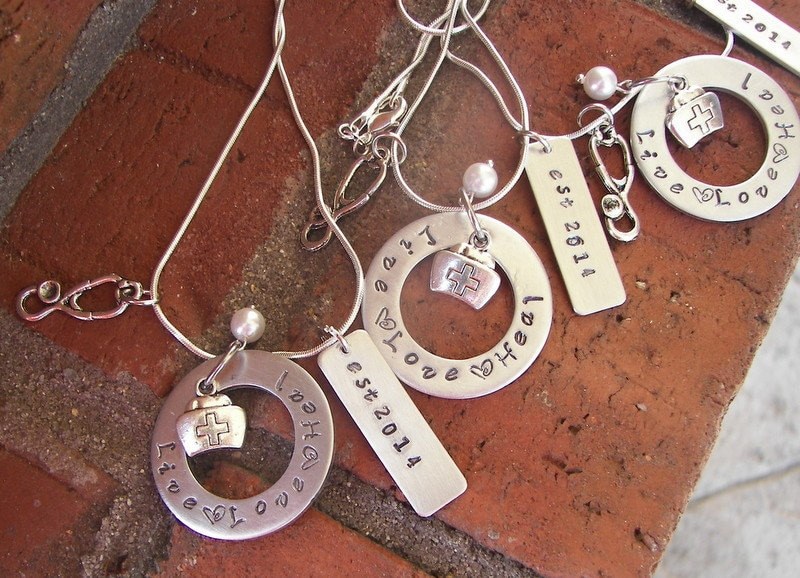 personalized Nurse necklace Live Love Heal , engraved jewelry RN necklace, LPN necklace , CNA necklace, nurse gift handstamped jewelry