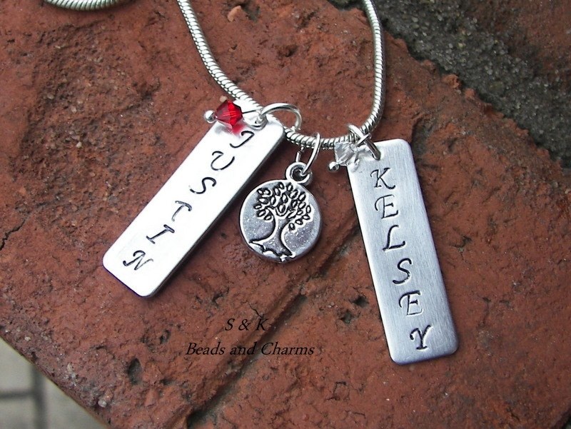 Mothers family tree necklace with Kids name tag & birthstone, Custom personalized Hand stamped jewelry, Mommy necklace with kids names