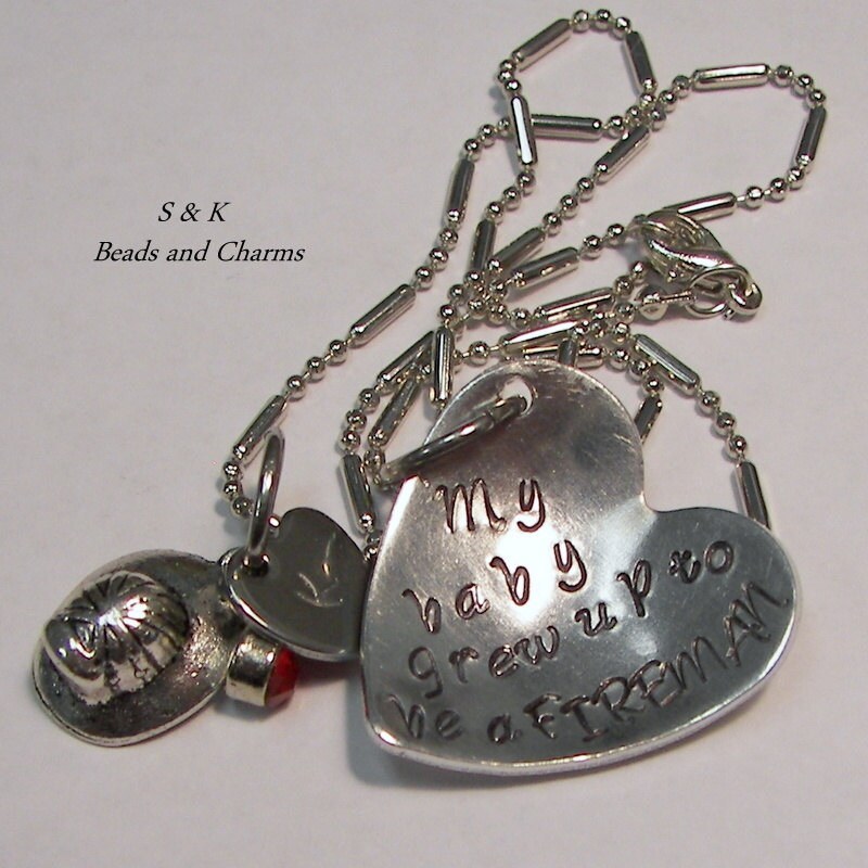 My baby grew up to be a fireman, personalized hand stamped necklace for fire fighter mom, cutom gift for mom handstamped jewelry