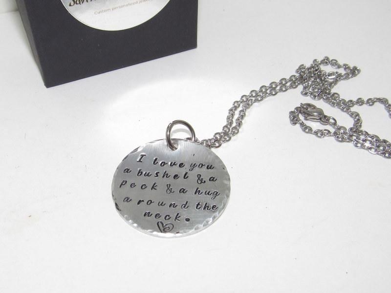 I love you a bushel and a peck and a hug around the neck, custom Hand stamped jewelry, personalized mothers necklace with kids initals