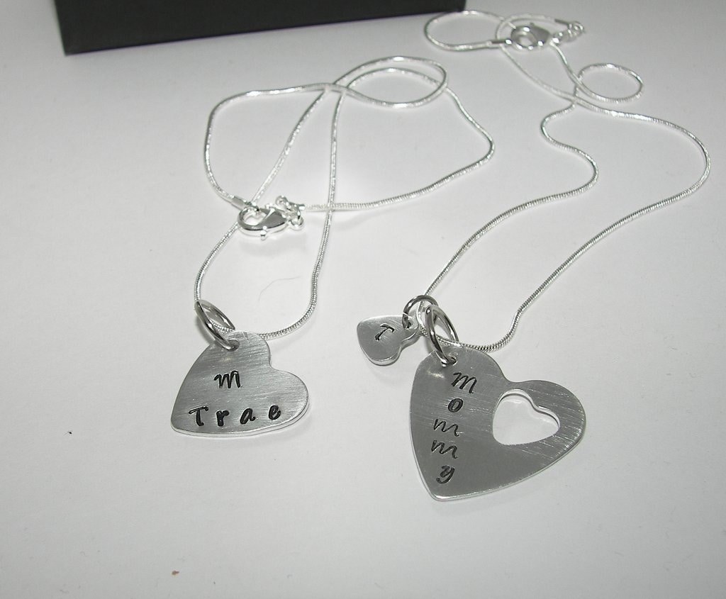 Hand stamped mommy jewelry, custom personalized nekclace , mother daughter necklace or mother son necklace set handstamped jewelry