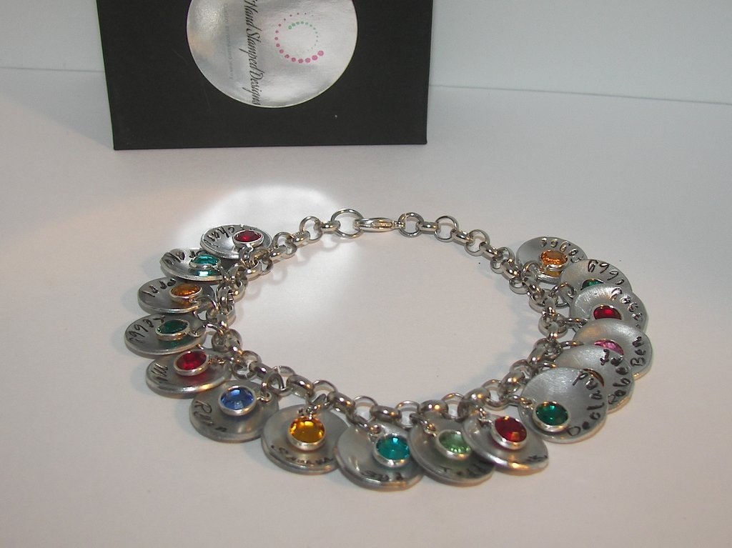 personalized Custom Mothers charm bracelet with kids name and birthstone, Personalized Hand stamped jewelry , Grand mothers mommy jewelry