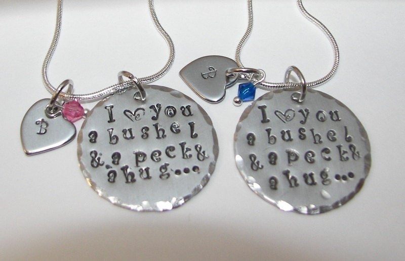 personalized I love you a bushel and a peck and a hug, Custom hand stamped personaized jewelry, mothers jewelry with kids name
