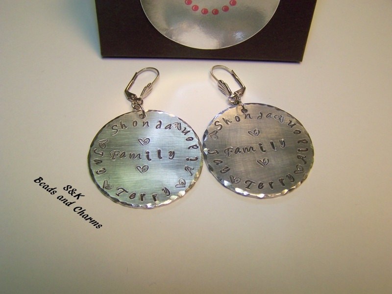 Custom made mothers family earrings, Custom personalized hand stamped jewelry, Earrings with kids names or initals handstamped jewelry